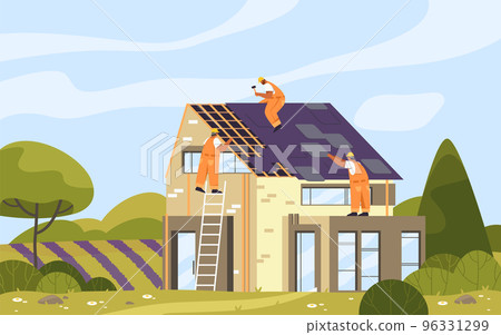 Builders or roofers install the roof tiles, vector Builders or roofers install the roof tiles, vector 96331299
