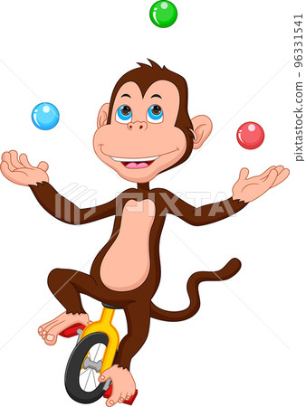 cartoon cute monkey riding bicycle and juggling balls 96331541