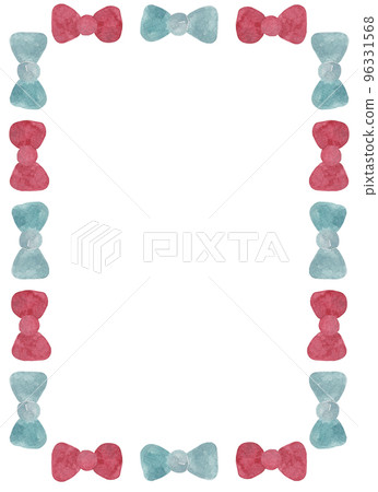 Rectangular frame of ordered blue and red bows. Watercolor isolated illustration 96331568