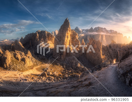 Rocks and mountain trail at colorful sunset in autumn 96331905
