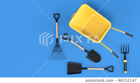 Garden wheelbarrow with garden tools like shovel, rake and fork on blue. 96332147