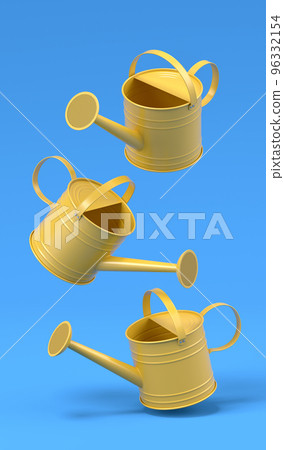 Set of watering cans on blue background. 3d render of gardening equipment tools 96332154