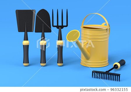 Watering can with garden tools like shovel, rake and fork on blue background. Watering can with garden tools like shovel, rake and fork on blue background. 96332155