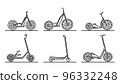 Set of flat design images of step scooters drawn in art line style. 96332248