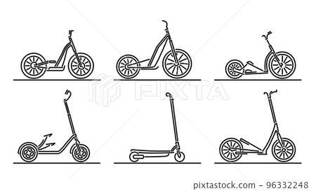 Set of flat design images of step scooters drawn in art line style. Set of flat design images of step scooters drawn in art line style. 96332248