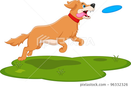 cartoon dog playing with flying disc cartoon dog playing with flying disc 96332326