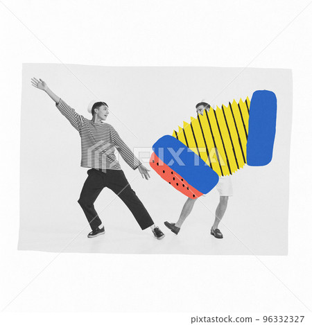 Contemporary art collage. Creative design with two young men having fun together, dancing, playing accordion Contemporary art collage. Creative design with two young men having fun together, dancing, playing accordion 96332327