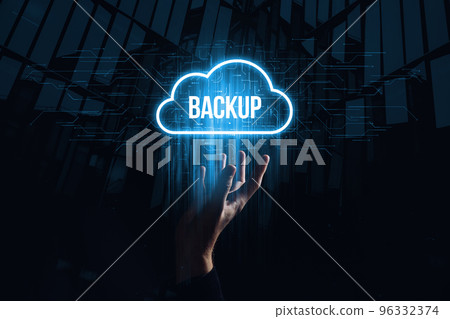 Data backup for data recovery to original or new location. Hologram in the form of a cloud over the hand 96332374