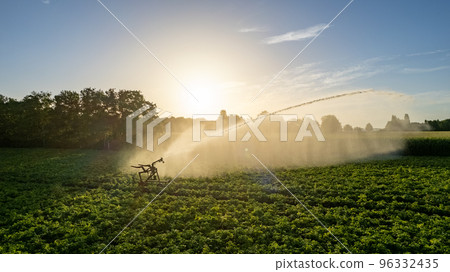 Aerial view shot by a drone of a sprinkler that is irrigating an agrarian crop field on a hot dry 96332435