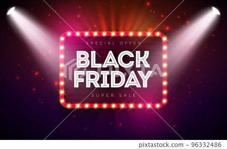 Black Friday Sale Illustration with Glowing Light Bulb Billboard on Dark Background. Vector New Year and Christmas Design Template for Greeting Card, Flyer, Banner, Celebration Poster or Party Black Friday Sale Illustration with Glowing Light Bulb Billboard on Dark Background. Vector New Year and Christmas Design Template for Greeting Card, Flyer, Banner, Celebration Poster or Party 96332486