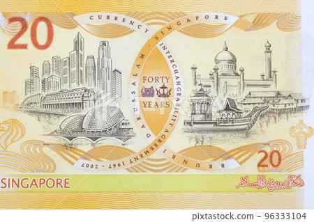 Singapore skyline and Sultan Ali Saifuddien Mosque from Brunei money 96333104