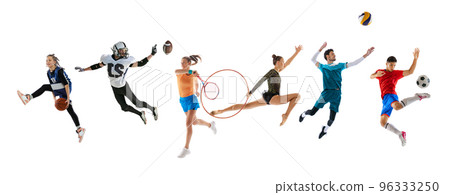 Collage. Different people, sportsmen in action, playing, training isolated over white background. Basketball, football, tennis, rhythmic gymnast, volleyball Collage. Different people, sportsmen in action, playing, training isolated over white background. Basketball, football, tennis, rhythmic gymnast, volleyball 96333250