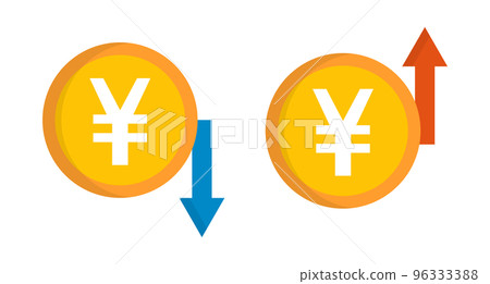 弱日元和強日元圖標集。日元價格上漲，日元價格下跌。向量。 96333388