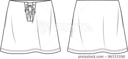 Vector mini skirt fashion CAD, woman a shape skirt with eyelets detail sketch, template, flat, technical drawing. Jersey or woven fabric skirt with front, back view, white color Vector mini skirt fashion CAD, woman a shape skirt with eyelets detail sketch, template, flat, technical drawing. Jersey or woven fabric skirt with front, back view, white color 96333390