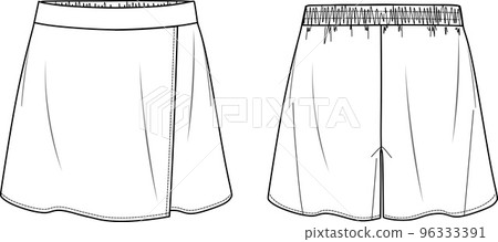 Vector mini skirt short fashion, wrapped woman skort with elasticized waistband sketch, template, flat, technical drawing. Jersey or woven fabric skirt with front, back view, white color Vector mini skirt short fashion, wrapped woman skort with elasticized waistband sketch, template, flat, technical drawing. Jersey or woven fabric skirt with front, back view, white color 96333391