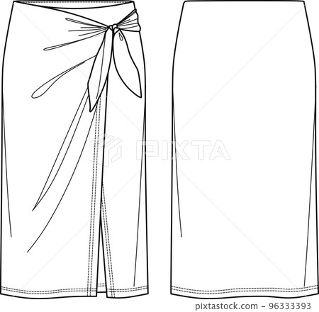 Vector midi skirt with bow detail fashion , woman jersey or woven fabric wrap skirt technical drawing, flat, sketch, mock up. Front back view, white color Vector midi skirt with bow detail fashion , woman jersey or woven fabric wrap skirt technical drawing, flat, sketch, mock up. Front back view, white color 96333393