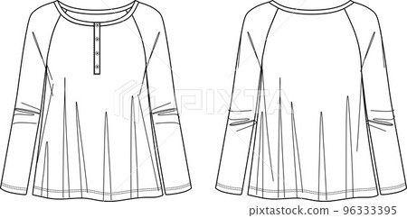 Vector fashion CAD t-shirt with button details, women long sleeved A shape blouse sketch, women round neck top technical drawing, sketch, flat. Jersey blouse with front, back view, white color Vector fashion CAD t-shirt with button details, women long sleeved A shape blouse sketch, women round neck top technical drawing, sketch, flat. Jersey blouse with front, back view, white color 96333395