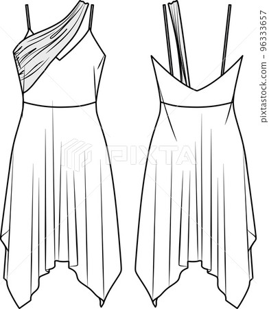 Vector mini dress fashion CAD, woman asymmetric hem dress technical drawing, slim fit with narrow shoulder straps dress template, sketch, flat. Jersey  fabric dress with front, back view, white 96333657