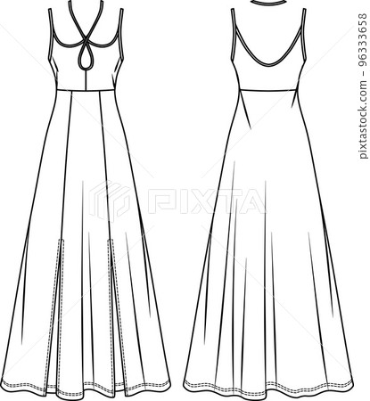 Vector maxi dress with shoulder straps technical drawing, woman dress with side slits and loop fashion CAD, sketch, template, flat. Jersey or woven fabric dress with front, back view, white color 96333658