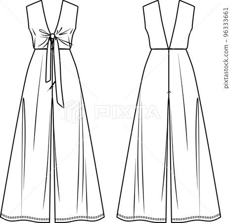 Vector woman "V" neck jumpsuit technical drawing, sleeveless jumpsuit with opened back and bow fashion CAD, straight wide legs jumpsuit template, flat, sketch. Jersey or woven fabric jumpsuit, white 96333661