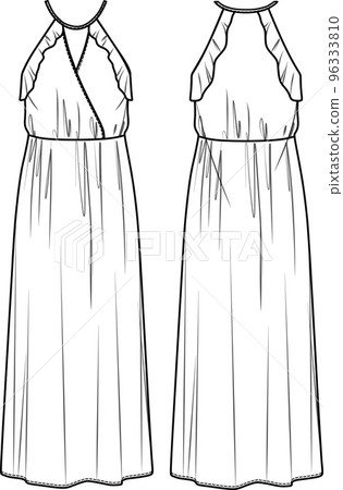 Vector maxi dress with shoulder straps technical drawing, woman wrap dress with side slits and frill fashion CAD, sketch, template, flat. Jersey or woven fabric dress with front, back view,white color 96333810