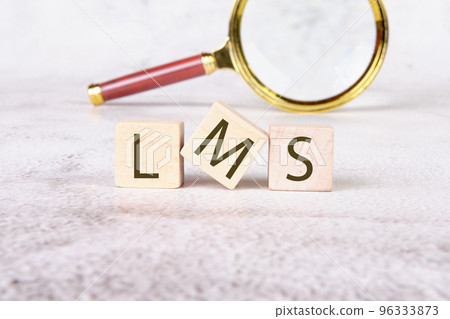 Learning Management System LMS word on wooden cubes with a magnifying glass in the background, business concept Learning Management System LMS word on wooden cubes with a magnifying glass in the background, business concept 96333873