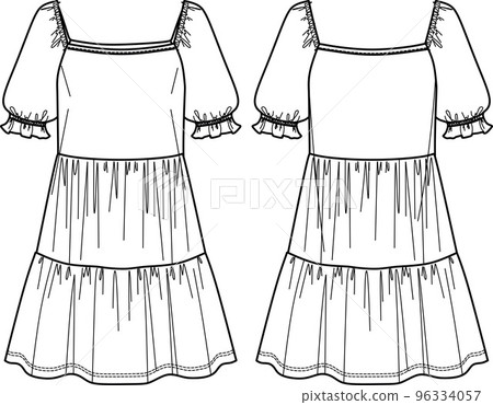 Vector short sleeve square neck mini dress technical drawing, woman tired dress with frill detail fashion CAD, sketch, template, flat. Jersey or woven fabric dress with front, back view, white color Vector short sleeve square neck mini dress technical drawing, woman tired dress with frill detail fashion CAD, sketch, template, flat. Jersey or woven fabric dress with front, back view, white color 96334057