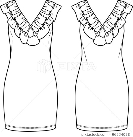 Vector woman summer dress fashion CAD, sleeveless dress with frills technical drawing, template, flat, sketch. Jersey or woven fabric dress with front, back view, white color Vector woman summer dress fashion CAD, sleeveless dress with frills technical drawing, template, flat, sketch. Jersey or woven fabric dress with front, back view, white color 96334058