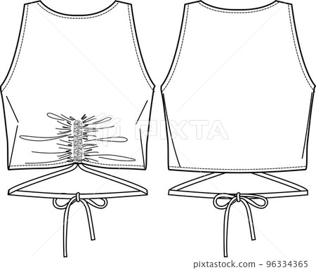Vector summer tank top fashion CAD, sleeveless woman crop top with drawstring detail technical drawing, sketch, template, flat. Jersey or woven fabric blouse with front, back view, white color Vector summer tank top fashion CAD, sleeveless woman crop top with drawstring detail technical drawing, sketch, template, flat. Jersey or woven fabric blouse with front, back view, white color 96334365