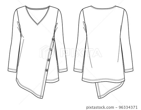 Vector V neck asymmetric blouse fashion CAD, woman oversized top with button details technical drawing, template, sketch, flat. Jersey or woven fabric blouse with front, back view, white color 96334371