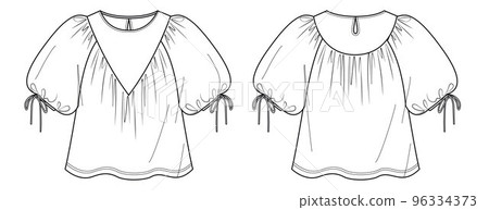 Vector long sleeved blouse fashion CAD, woman v neck dropped shoulders top with lace detail technical drawing, template, flat, sketch. Jersey or woven fabric blouse with front, back view, white color Vector long sleeved blouse fashion CAD, woman v neck dropped shoulders top with lace detail technical drawing, template, flat, sketch. Jersey or woven fabric blouse with front, back view, white color 96334373