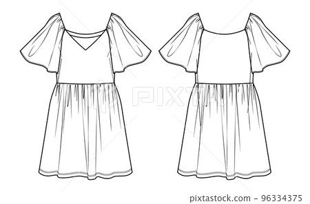 Vector dress sketch, V-neck dress technical drawing, fashionable short sleeved women CAD, flat, mini dress with ruffles. Jersey or woven fabric dress with front, back view, white color 96334375