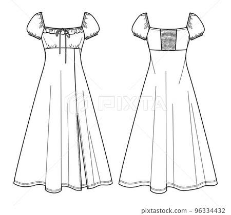 Vector short sleeve maxi dress technical drawing, woman dress with frill detail and gathered back fashion CAD, sketch, template, flat. Jersey or woven fabric dress with front, back view, white color 96334432
