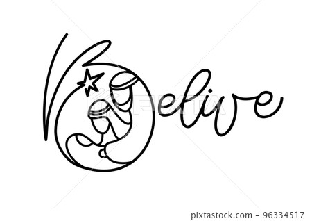 Belive monoline calligraphy text and Christmas Vector religious Nativity Scene of baby Jesus with Mary Joseph and star. Minimalist art line drawing, print for clothes and logo design, isolated concept 96334517