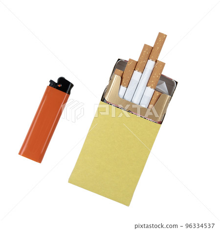 Yellow pack of cigarettes and orange plastic gas lighter isolated on white background with clipping path 96334537