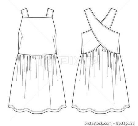 Vector summer dress fashion CAD, woman sleeveless dress with wrap back detail technical drawing, template, flat, sketch. Jersey or woven fabric mini dress with front, back view, white color 96336153