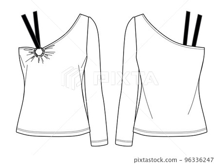 Vector woman t-shirt technical drawing, asymmetric blouse with accessory fashion CAD, sketch, flat. Jersey or woven fabric top with front, back view, white color Vector woman t-shirt technical drawing, asymmetric blouse with accessory fashion CAD, sketch, flat. Jersey or woven fabric top with front, back view, white color 96336247