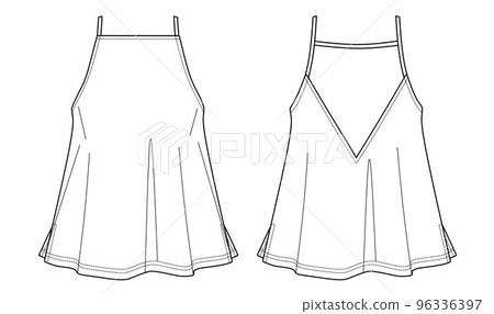 Vector summer tank top fashion CAD, sleeveless woman top with drawstring detail technical drawing, sketch, template, flat. Jersey or woven fabric blouse with front, back view, white color 96336397