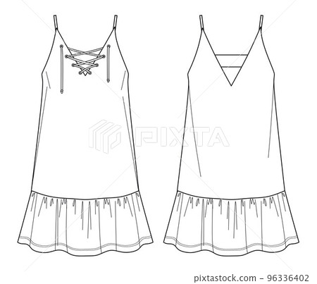 Vector short flared dress fashion CAD, woman a shape dress with frills technical drawing, dress with thin shoulder straps template, flat, sketch. Jersey or woven fabric dress with front, back view Vector short flared dress fashion CAD, woman a shape dress with frills technical drawing, dress with thin shoulder straps template, flat, sketch. Jersey or woven fabric dress with front, back view 96336402