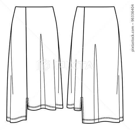 Vector midi skirt with slits fashion CAD, woman relaxed fit skirt technical drawing, jersey or woven fabric female bottom silhouette template, sketch, flat. Front, back view, white color, a shape Vector midi skirt with slits fashion CAD, woman relaxed fit skirt technical drawing, jersey or woven fabric female bottom silhouette template, sketch, flat. Front, back view, white color, a shape 96336404