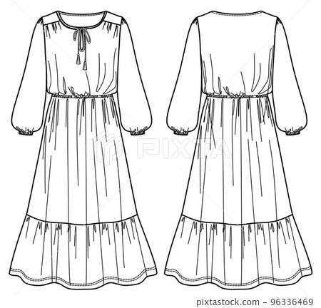 Vector maxi bohemian dress fashion CAD, woman flared round neck long dress technical drawing, template, sketch, flat, mock up. Jersey or woven fabric dress with front, back view, white color 96336469