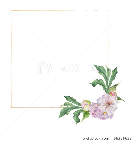 Watercolor square frame arrangement with hand drawn delicate pink peony flowers, buds and leaves. Isolated on white background. For invitations, wedding, love or greeting cards, paper, print, textile 96336638