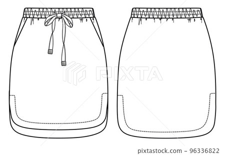 Vector woman skirt technical drawing, skirt fashion CAD  with waistband detail, mini skirt sketch, template, flat. Jersey or woven fabric skirt with front, back view, white 96336822