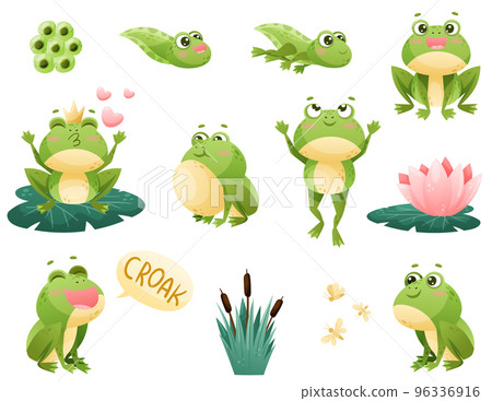 Cute Green Leaping Frog Character with Water Lily and Reed Vector Set Cute Green Leaping Frog Character with Water Lily and Reed Vector Set 96336916