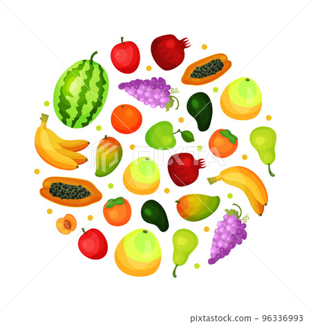 Fresh ripe fruits of circular shape. Watermelon, banana, mango, peach, garnet organic fruit poster, card, banner cartoon vector Fresh ripe fruits of circular shape. Watermelon, banana, mango, peach, garnet organic fruit poster, card, banner cartoon vector 96336993