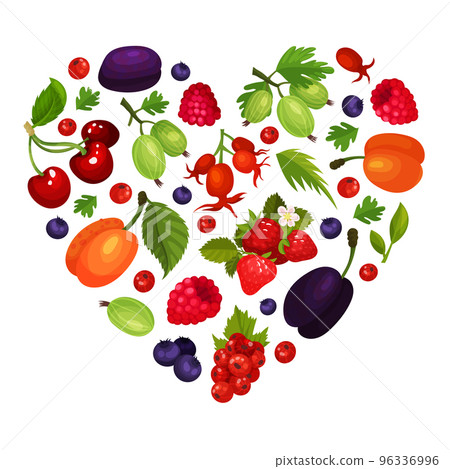 Fresh ripe berries in heart shape. Cherry, blackberry, strawberry, goodberry, dog rose and blueberry poster, card, banner cartoon vector Fresh ripe berries in heart shape. Cherry, blackberry, strawberry, goodberry, dog rose and blueberry poster, card, banner cartoon vector 96336996