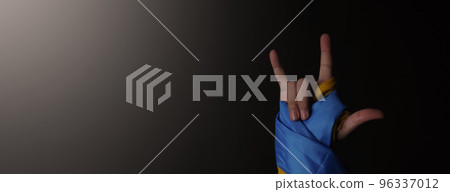 Russian flag and Ukrainian flag on a black background. Russian flag and Ukraine flag in hands showing symbol of struggle war political struggle political expressions Civil wars and territory conflict. 96337012