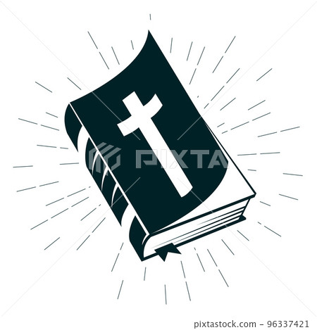 Holy Bible in paperback with turned-in angle, semi open the Old Testament book with crucifix, cover of open gospel , vector 96337421