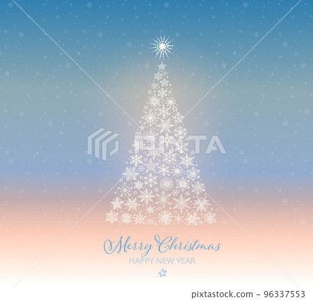 Christmas greeting card with christmas tree and snowflakes on winter sky background. Design template with winter holidays illustration. 96337553