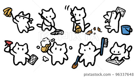 Cat cleaning up at the end of the year Clean up Simple and cute decoration illustration set Cat cleaning up at the end of the year Clean up Simple and cute decoration illustration set 96337648